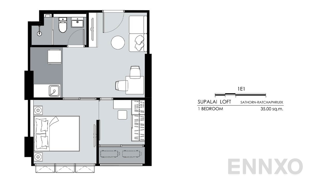 รูปแปลนห้อง 1 Bedroom 1E1 (35 ตร.ม.) ของโครงการ ศุภาลัย ลอฟท์ สาทร - ราชพฤกษ์