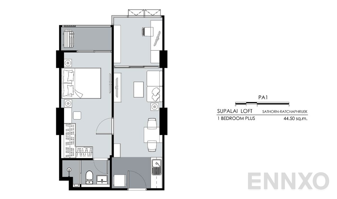 รูปแปลนห้อง 1 Bedroom Plus PA1 (44.5 ตร.ม.) ของโครงการ ศุภาลัย ลอฟท์ สาทร - ราชพฤกษ์