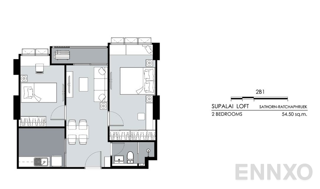 รูปแปลนห้อง 2 Bedrooms 2B1 (54.5 ตร.ม.) ของโครงการ ศุภาลัย ลอฟท์ สาทร - ราชพฤกษ์