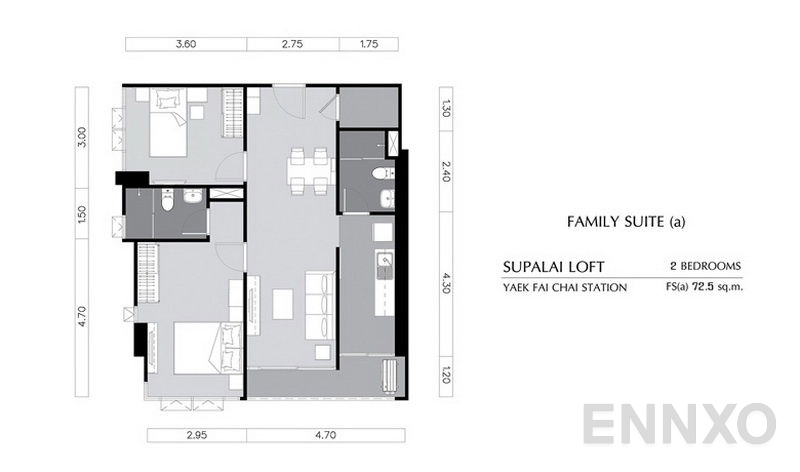 รูปแปลนห้อง 2 Bedrooms ของโครงการ Supalai Loft Yaek Fai Chai station