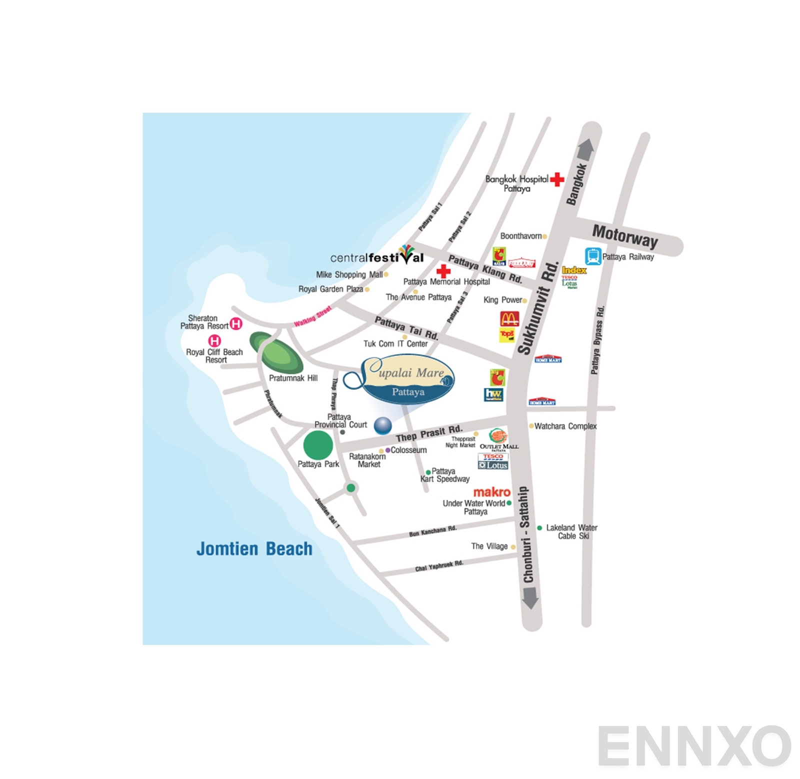 ภาพแผนที่แสดงที่ตั้งโครงการ ศุภาลัย มาเรย์ แอท พัทยา และสถานที่โดยรอบ