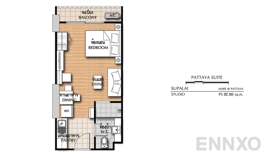 รูปแปลนห้อง Studio PS (32 ตร.ม.) ของโครงการ ศุภาลัย มาเรย์ แอท พัทยา