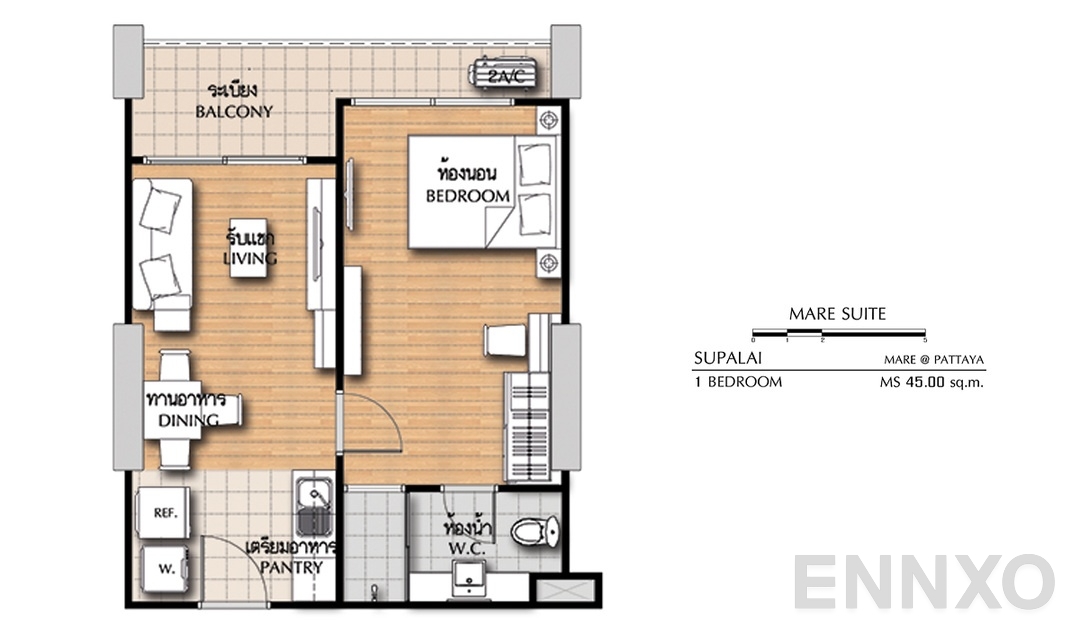 รูปแปลนห้อง 1 Bedroom MS (45 ตร.ม.) ของโครงการ ศุภาลัย มาเรย์ แอท พัทยา