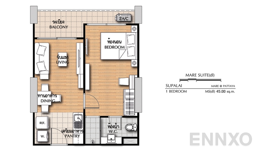 รูปแปลนห้อง 1 Bedroom MS(dl) (45 ตร.ม.) ของโครงการ ศุภาลัย มาเรย์ แอท พัทยา