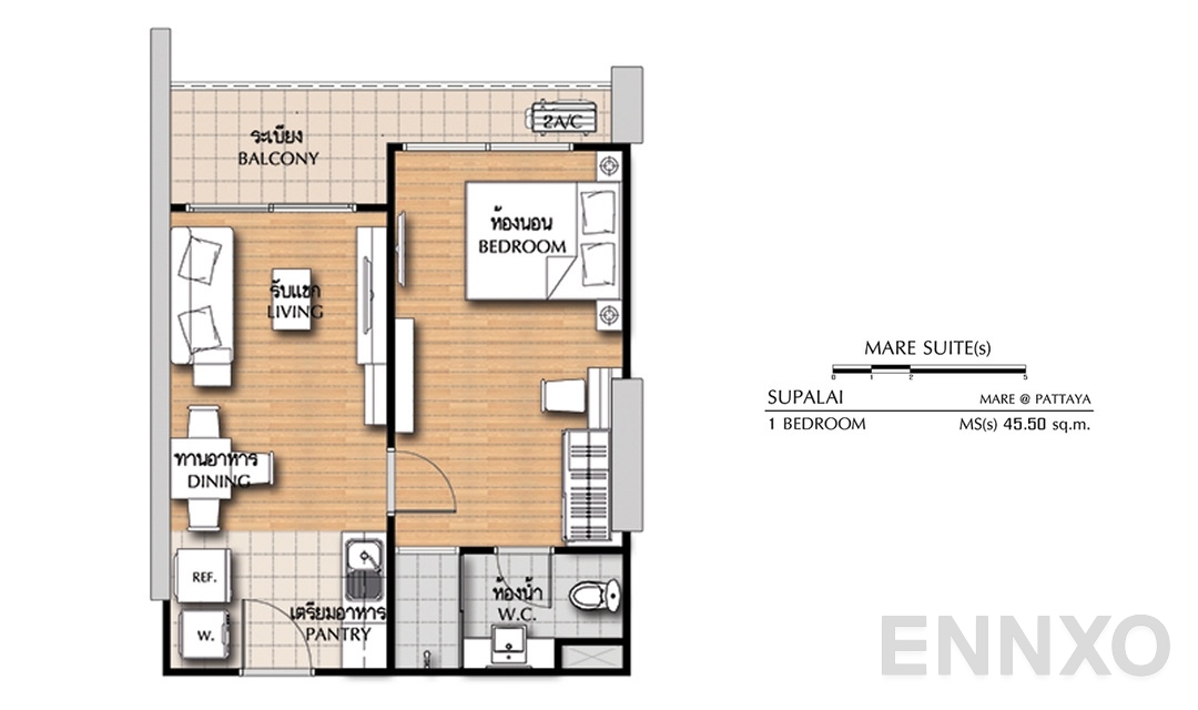 รูปแปลนห้อง 1 Bedroom MS(s) (45.5 ตร.ม.) ของโครงการ ศุภาลัย มาเรย์ แอท พัทยา