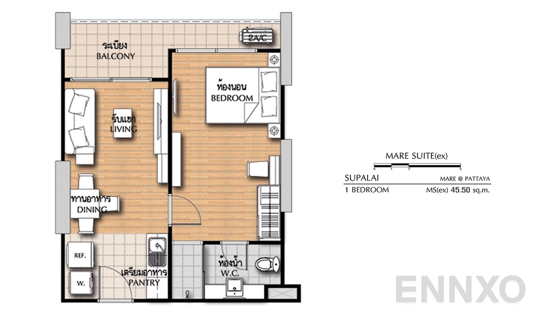 รูปแปลนห้อง 1 Bedroom MS(ex) (45.5 ตร.ม.) ของโครงการ ศุภาลัย มาเรย์ แอท พัทยา