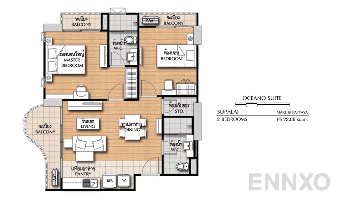รูปแปลนห้อง 2 Bedrooms OS (72 ตร.ม.) ของโครงการ ศุภาลัย มาเรย์ แอท พัทยา