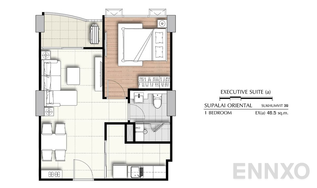 รูปแปลนห้อง 1 Bedroom Ex(a) (46.5 ตร.ม.) ของโครงการ ศุภาลัย โอเรียนทัล สุขุมวิท 39