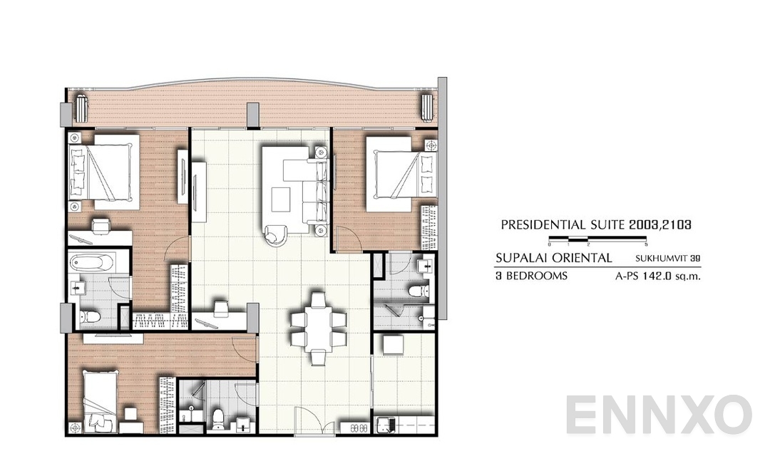 รูปแปลนห้อง 3 Bedrooms PS 2003,2103 (142 ตร.ม.) ของโครงการ ศุภาลัย โอเรียนทัล สุขุมวิท 39