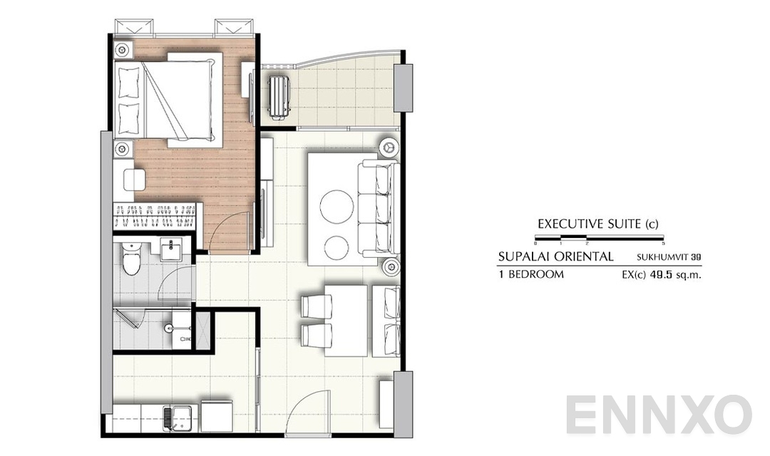 รูปแปลนห้อง 1 Bedroom Ex(c) (49.5 ตร.ม.) ของโครงการ ศุภาลัย โอเรียนทัล สุขุมวิท 39