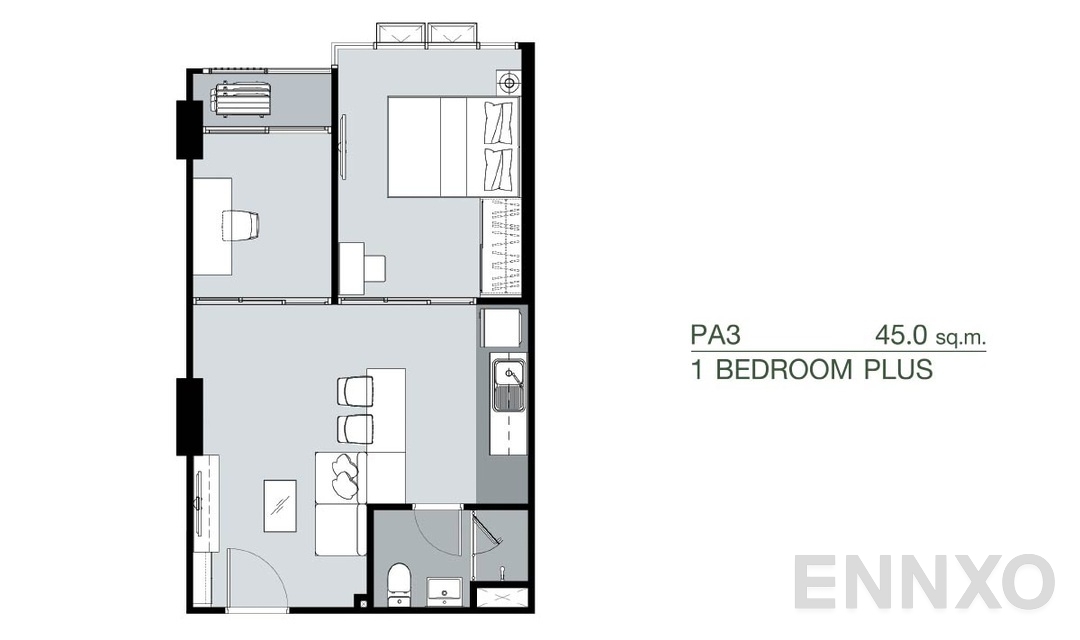 รูปแปลนห้อง 1 Bedroom Plus PA3 (45 ตร.ม.) ของโครงการ Supalai Park Yaek Fai Chai Station