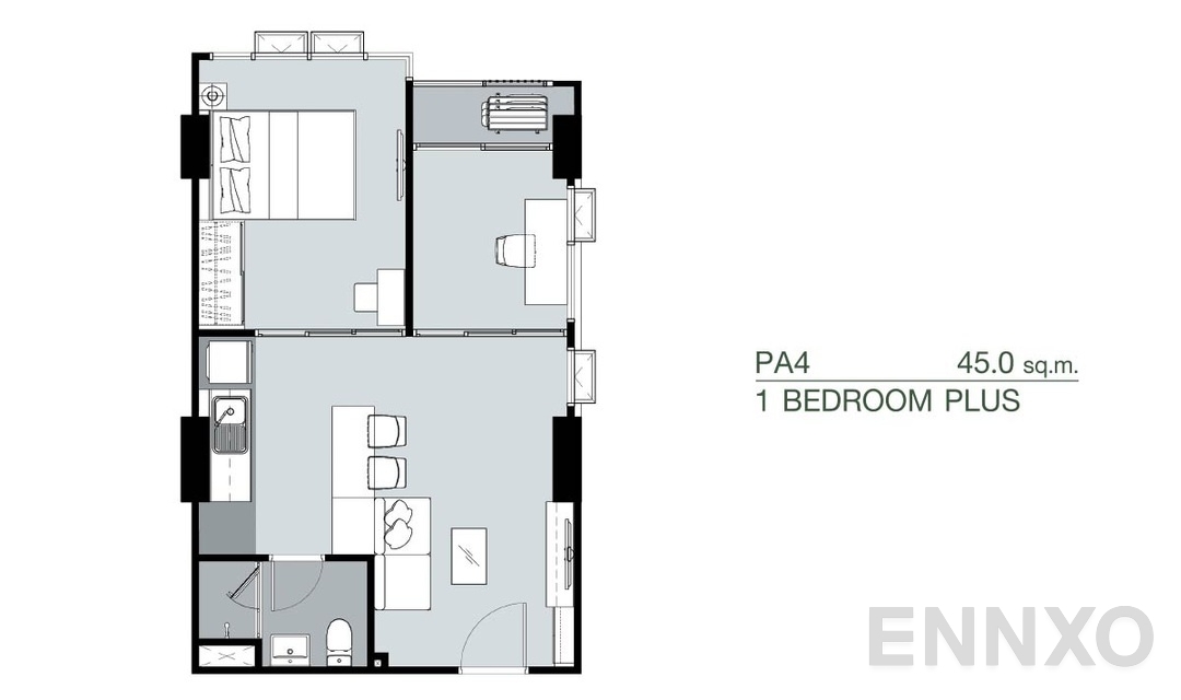 รูปแปลนห้อง 1 Bedroom Plus PA4 (45 ตร.ม.) ของโครงการ Supalai Park Yaek Fai Chai Station