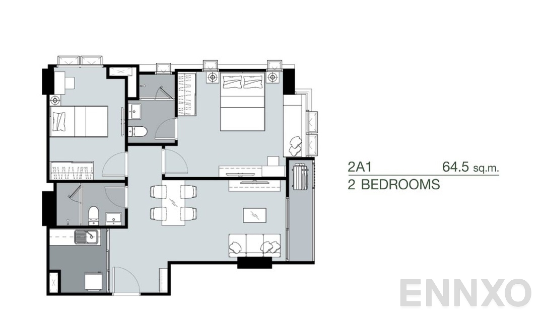 รูปแปลนห้อง 2 Bedrooms 2A1 (64.5 ตร.ม.) ของโครงการ Supalai Park Yaek Fai Chai Station
