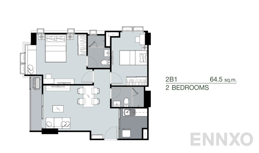 รูปแปลนห้อง 2 Bedrooms 2B1 (64.5 ตร.ม.) ของโครงการ Supalai Park Yaek Fai Chai Station