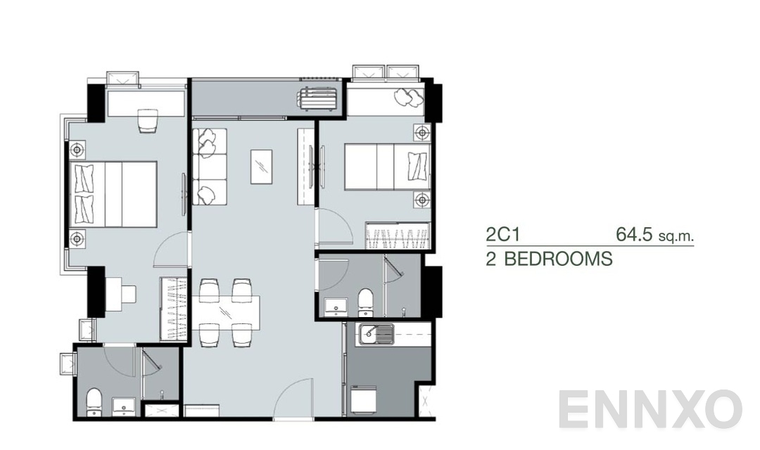 รูปแปลนห้อง 2 Bedrooms 2C1 (64.5 ตร.ม.) ของโครงการ Supalai Park Yaek Fai Chai Station