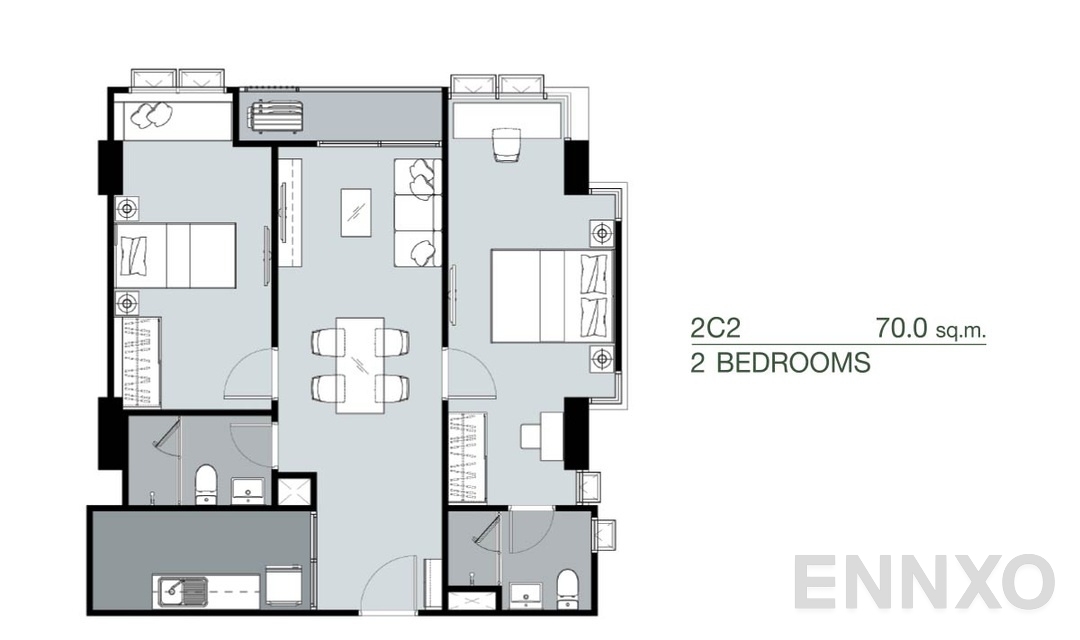 รูปแปลนห้อง 2 Bedrooms 2C2 (70 ตร.ม.) ของโครงการ Supalai Park Yaek Fai Chai Station