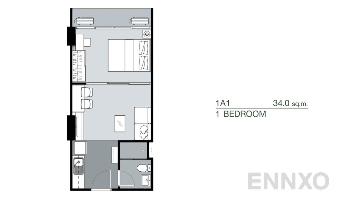 รูปแปลนห้อง 1 Bedroom 1A1 (34 ตร.ม.) ของโครงการ Supalai Park Yaek Fai Chai Station