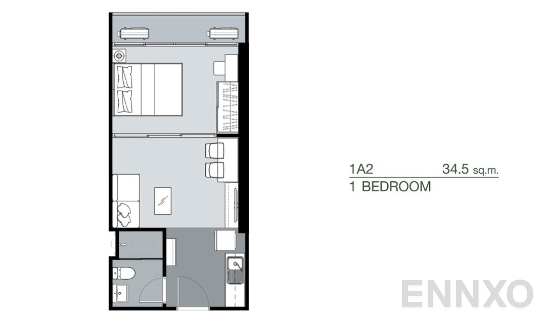 รูปแปลนห้อง 1 Bedroom 1A2 (34.5 ตร.ม.) ของโครงการ Supalai Park Yaek Fai Chai Station