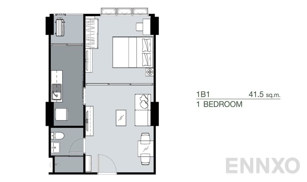 รูปแปลนห้อง 1 Bedroom 1B1 (41.5 ตร.ม.) ของโครงการ Supalai Park Yaek Fai Chai Station