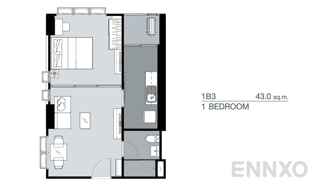รูปแปลนห้อง 1 Bedroom 1B3 (43 ตร.ม.) ของโครงการ Supalai Park Yaek Fai Chai Station