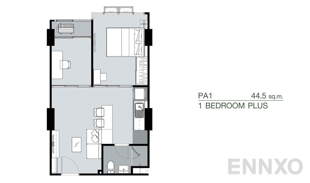 รูปแปลนห้อง 1 Bedroom Plus PA1 (44.5 ตร.ม.) ของโครงการ Supalai Park Yaek Fai Chai Station