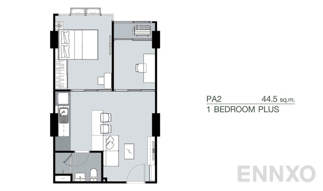 รูปแปลนห้อง 1 Bedroom Plus PA2 (44.5 ตร.ม.) ของโครงการ Supalai Park Yaek Fai Chai Station