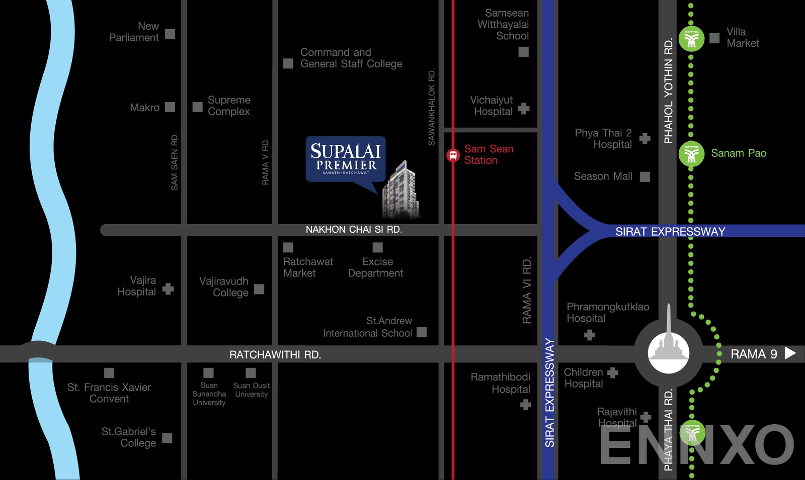 ภาพแผนที่แสดงที่ตั้งโครงการ Supalai Premier Samsen - Ratchawat และสถานที่โดยรอบ