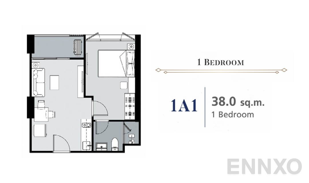 รูปแปลนห้อง 1 Bedroom 1A1 (38 ตร.ม.) ของโครงการ Supalai Premier Samsen - Ratchawat