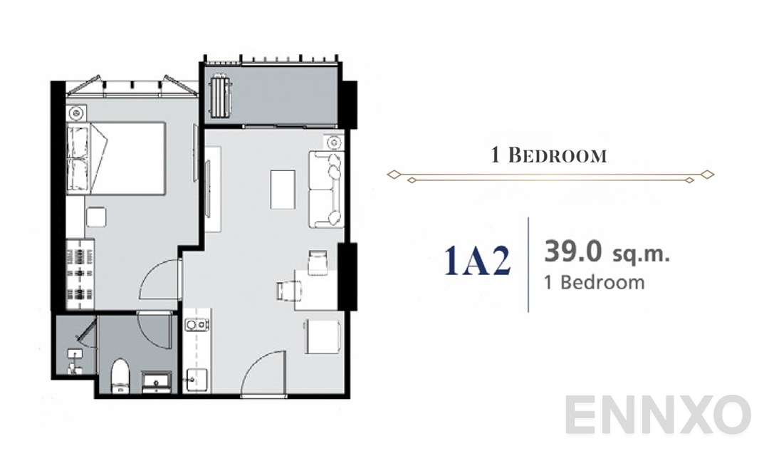 รูปแปลนห้อง 1 Bedroom 1A2 (39 ตร.ม.) ของโครงการ Supalai Premier Samsen - Ratchawat