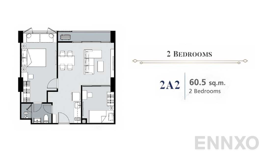 รูปแปลนห้อง 2 Bedroom 2A2 (60.5 ตร.ม.) ของโครงการ Supalai Premier Samsen - Ratchawat