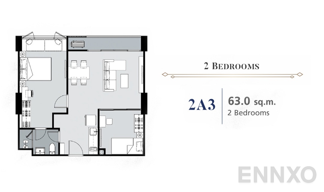 รูปแปลนห้อง 2 Bedroom 2A3 (63 ตร.ม.) ของโครงการ Supalai Premier Samsen - Ratchawat