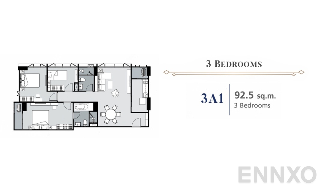 รูปแปลนห้อง 3 Bedroom 3A1 (92.5 ตร.ม.) ของโครงการ Supalai Premier Samsen - Ratchawat
