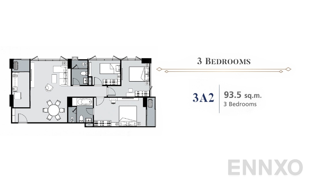 รูปแปลนห้อง 3 Bedroom 3A2 (93.5 ตร.ม.) ของโครงการ Supalai Premier Samsen - Ratchawat