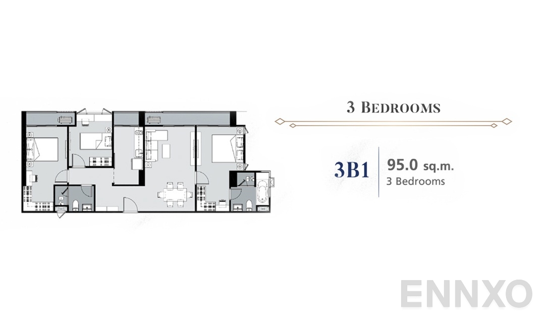 รูปแปลนห้อง 3 Bedroom 3B1 (95 ตร.ม.) ของโครงการ Supalai Premier Samsen - Ratchawat