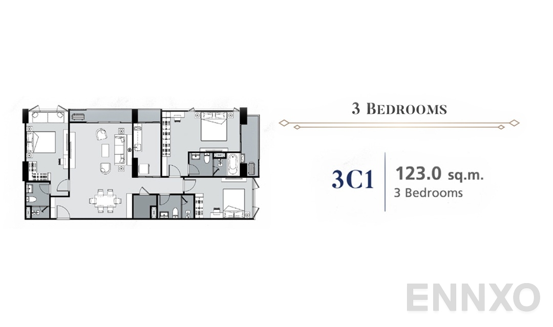 รูปแปลนห้อง 3 Bedroom 3C1 (123 ตร.ม.) ของโครงการ Supalai Premier Samsen - Ratchawat