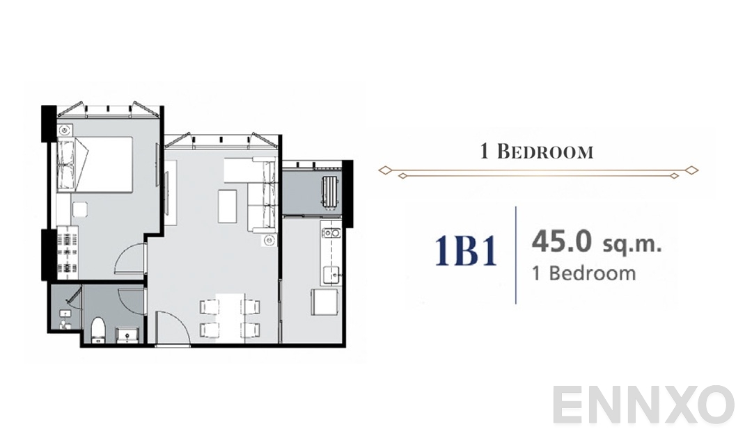 รูปแปลนห้อง 1 Bedroom 1B1 (45 ตร.ม.) ของโครงการ Supalai Premier Samsen - Ratchawat