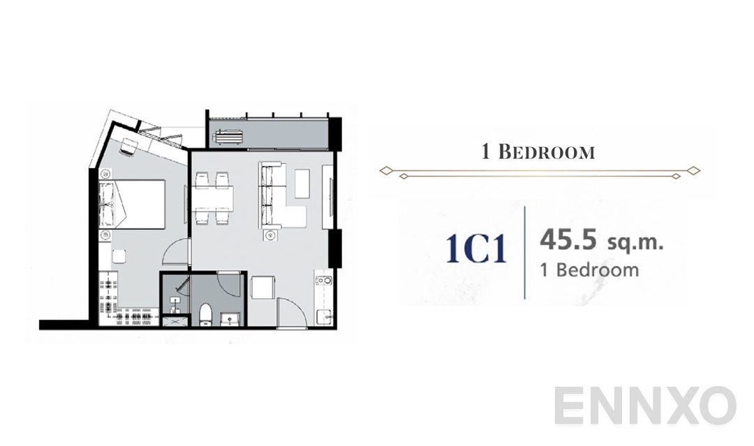 รูปแปลนห้อง 1 Bedroom 1C1 (45.5 ตร.ม.) ของโครงการ Supalai Premier Samsen - Ratchawat