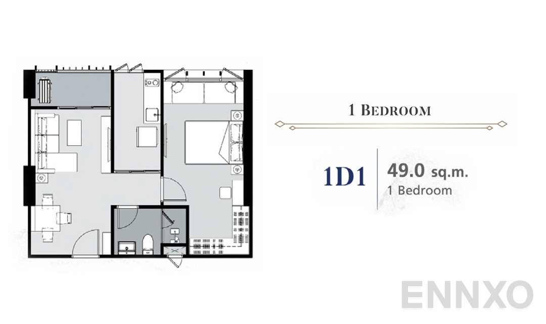 รูปแปลนห้อง 1 Bedroom 1D1 (49 ตร.ม.) ของโครงการ Supalai Premier Samsen - Ratchawat