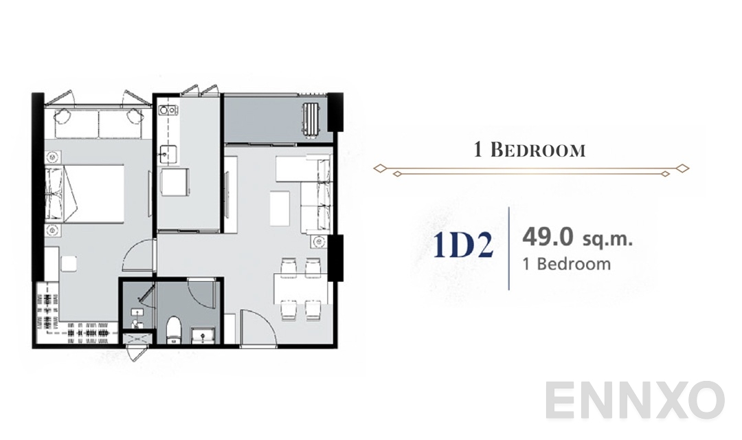 รูปแปลนห้อง 1 Bedroom 1D2 (49 ตร.ม.) ของโครงการ Supalai Premier Samsen - Ratchawat