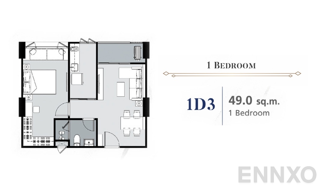 รูปแปลนห้อง 1 Bedroom 1D3 (49 ตร.ม.) ของโครงการ Supalai Premier Samsen - Ratchawat