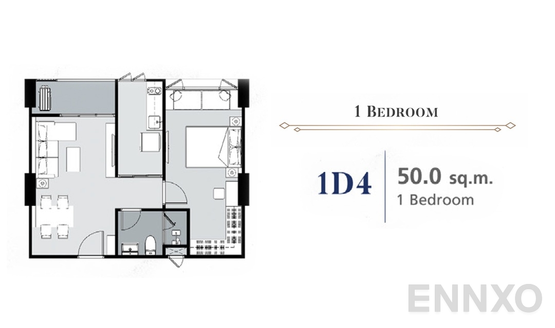 รูปแปลนห้อง 1 Bedroom 1D4 (50 ตร.ม.) ของโครงการ Supalai Premier Samsen - Ratchawat