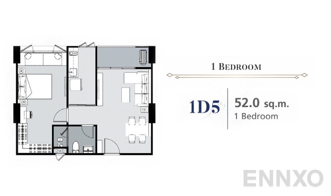 รูปแปลนห้อง 1 Bedroom 1D5 (52 ตร.ม.) ของโครงการ Supalai Premier Samsen - Ratchawat