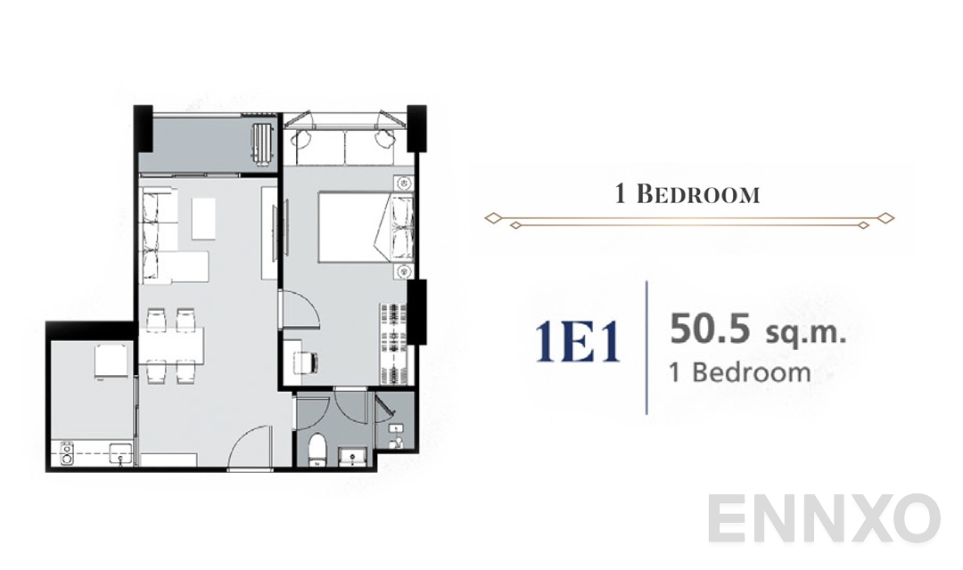 รูปแปลนห้อง 1 Bedroom 1E1 (50.5 ตร.ม.) ของโครงการ Supalai Premier Samsen - Ratchawat