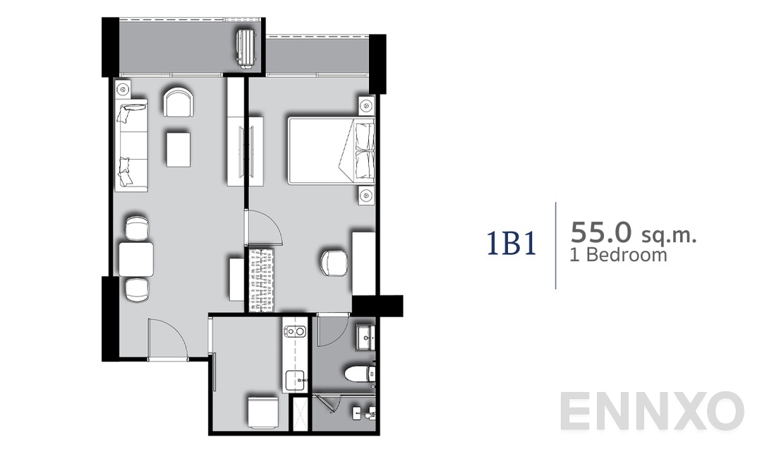 รูปแปลนห้อง 1 Bedroom 1B1 (55.0 sq.m) ของโครงการ ศุภาลัย พรีเมียร์ สี่พระยา-สามย่าน