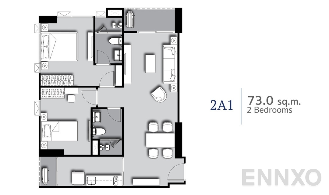 รูปแปลนห้อง 2 Bedrooms 2A1 (73 sq.m) ของโครงการ ศุภาลัย พรีเมียร์ สี่พระยา-สามย่าน
