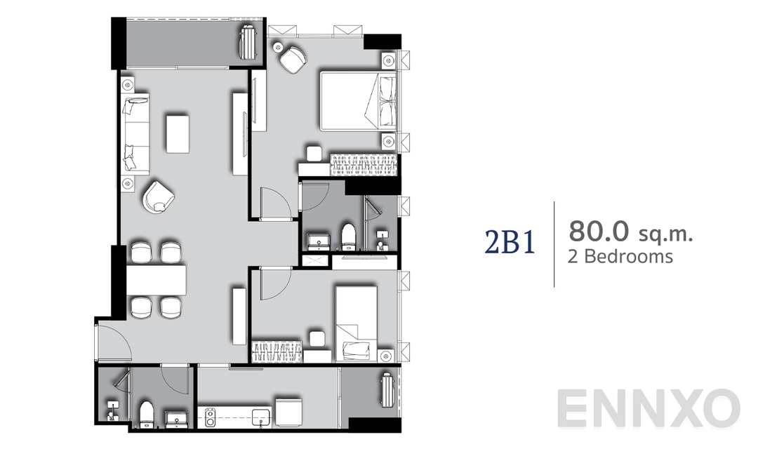 รูปแปลนห้อง 2 Bedrooms 2B1 (80 sq.m) ของโครงการ ศุภาลัย พรีเมียร์ สี่พระยา-สามย่าน