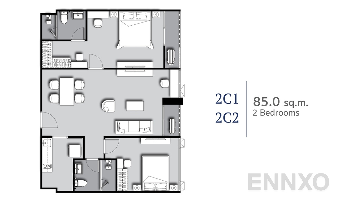 รูปแปลนห้อง 2 Bedrooms 2C1 (85 sq.m) ของโครงการ ศุภาลัย พรีเมียร์ สี่พระยา-สามย่าน