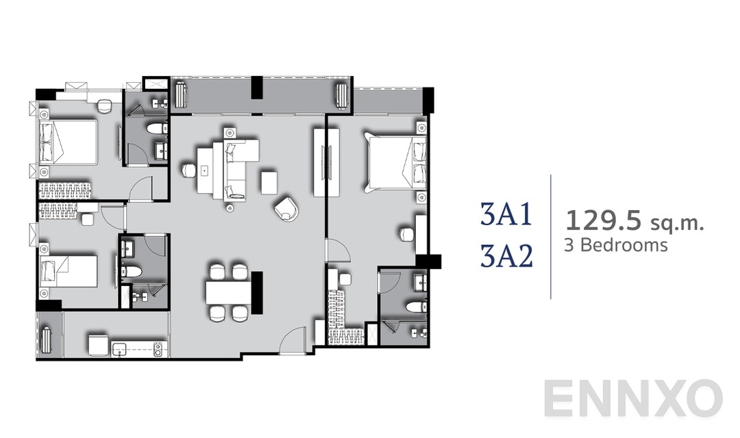 รูปแปลนห้อง 3 Bedrooms 3A1,3A2 (129.5 sq.m) ของโครงการ ศุภาลัย พรีเมียร์ สี่พระยา-สามย่าน