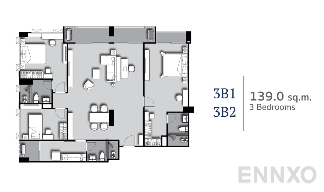 รูปแปลนห้อง 3 Bedrooms 3B1,3B2 (139 sq.m) ของโครงการ ศุภาลัย พรีเมียร์ สี่พระยา-สามย่าน