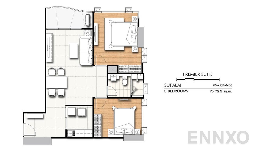 รูปแปลนห้อง 2 Bedrooms PS (75.5 ตร.ม.) ของโครงการ ศุภาลัย ริวา แกรนด์